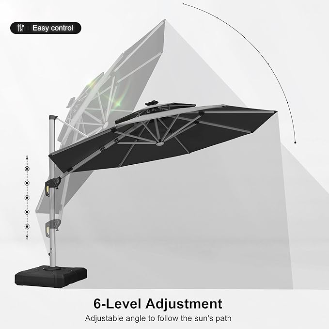 PURPLE LEAF 11ft Solar powered LED Patio Umbrella Outdoor Round Umbrellas Large Cantilever Umbrella with LED lights Windproof Offset Umbrellas Heavy Duty Sun Umbrella for Garden Deck Pool Patio, Grey