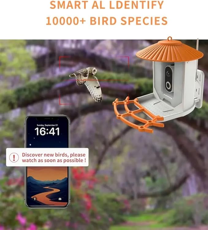Smart Bird Feeder with Camera Wireless Outdoor, Solar-Powered, Infrared Light captures Movement Trajectory, Smart Bird House with Cam, 2K Live View, Ideal Present for Backyard Birder (Orange)