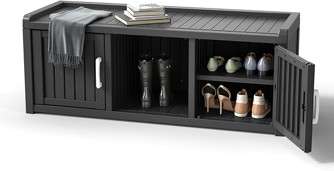 ROJIK Shoe Cabinet Waterproof UV-Resistant,Storage Bench Indoor Outdoor with Adjustable Shelves,for Entryway Bedroom,Hallway,Living Room(2 Door,Black)