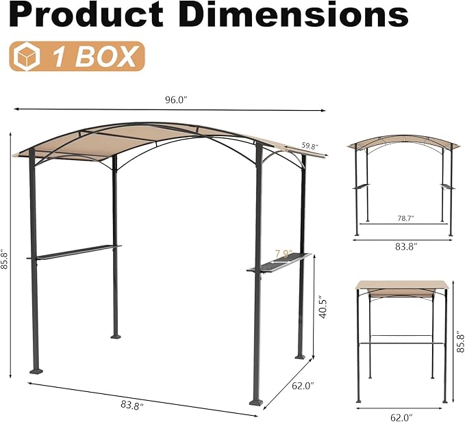 Gotland 8'x 5' Outdoor Grill Gazebo, BBQ Canopy Shelter with 2 Metal Openwork Shelving Units & 5 Tool Hooks, Curved Waterproof Top for Party, Backyard, Poolside Khaki
