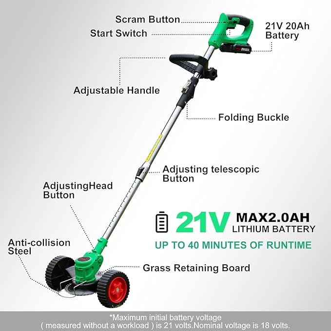 21V Cordless Grass Trimmer, Electric String Weed Wacker with 2.0Ah Lithium Battery, Telescopic Handle, 40 Min Runtime, 18000 RPM, Low Noise 92dB (Green)