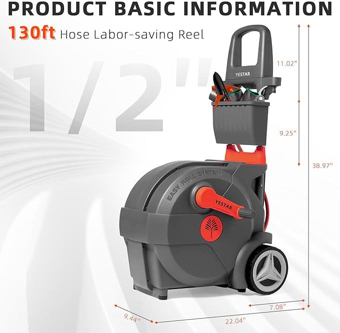 Hand-Crank Garden Hose Reel 1/2" x 130ft, Heavy Duty Garden Water Hose Reel, Removable, Any Length Lock, Hand Crank Effortless Rewind System, 4-Pattern Nozzle