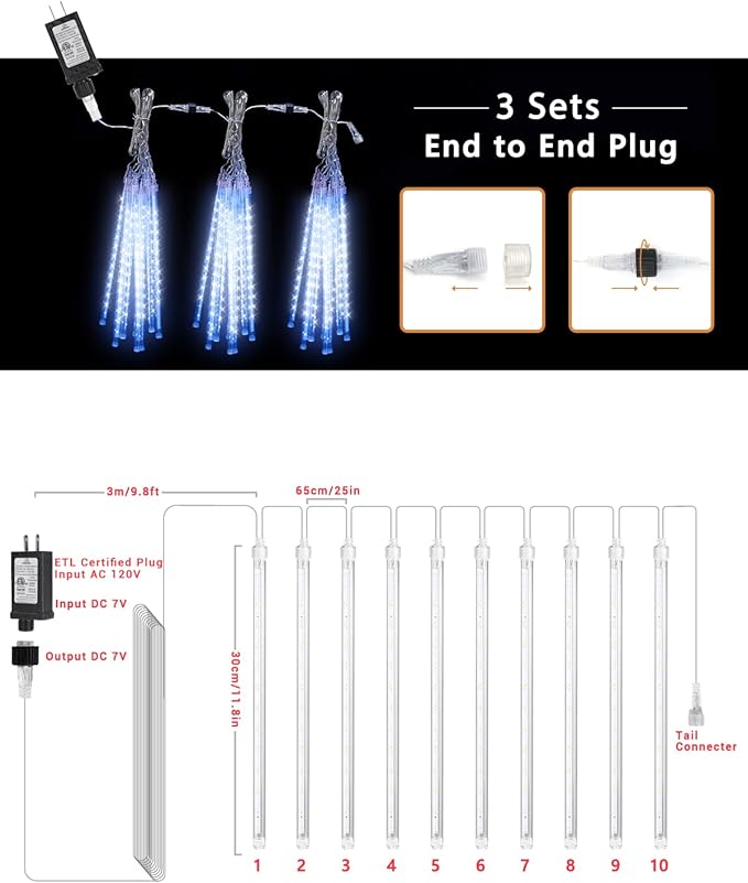 Flacchi Blue 10 Tubes 240 LED Raindrop Lights Meteor Shower Icicle Lights with Timer Function Cascading Falling Rain Light for Holiday Party Christmas Decorations