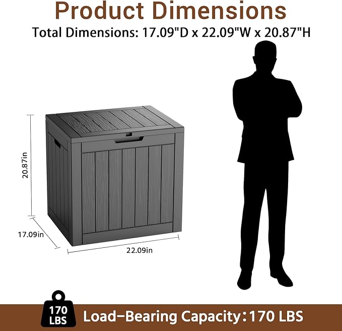 30-Gallon Outdoor Deck Box with Wood-Grain Finish, UV Resistant Waterproof Storage Container with Lock, Storage Box for Camping, Garden & Backyard, Multi-Functional Seat and Table, Black