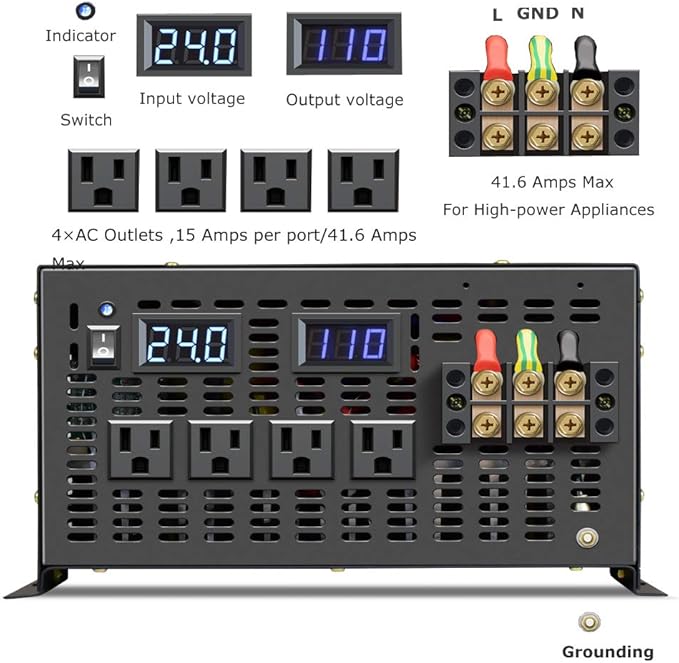 WZRELB Pure Sine Wave 5000W (10000W Surge) 24V Power Inverter DC to AC Power - Solar, RV (RBP-500024)