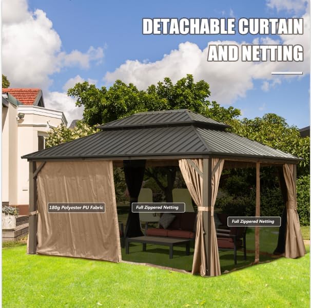 Domi 12'x16' Hardtop Gazebo Canopy Metal,Outdoor Metal Gazebo with Galvanized Steel Double Roof,Curtain and Netting,Permanent Gazebo Pavilion for Patio Deck,Backyard