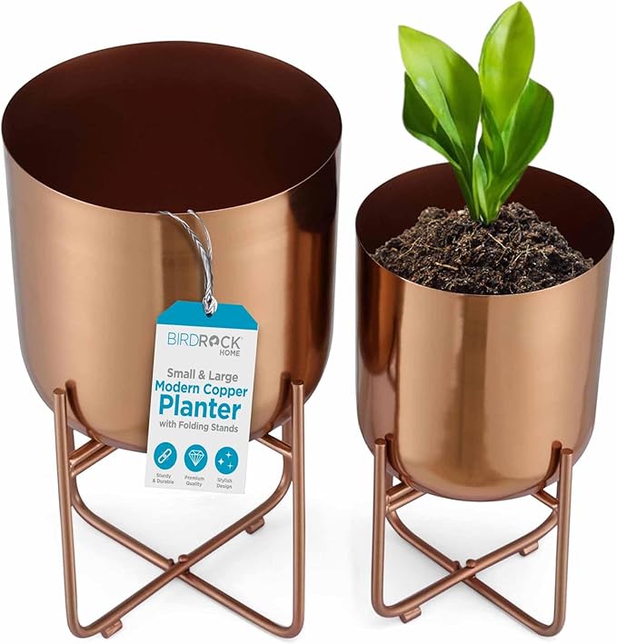 BIRDROCK HOME 2pc Modern Planter with Stand - Elevated Plant Holder for Indoor/Outdoor Use - Sturdy Black Floor Standing Pot Stand for Houseplants, Trees, and Flowers - Small Large - Copper