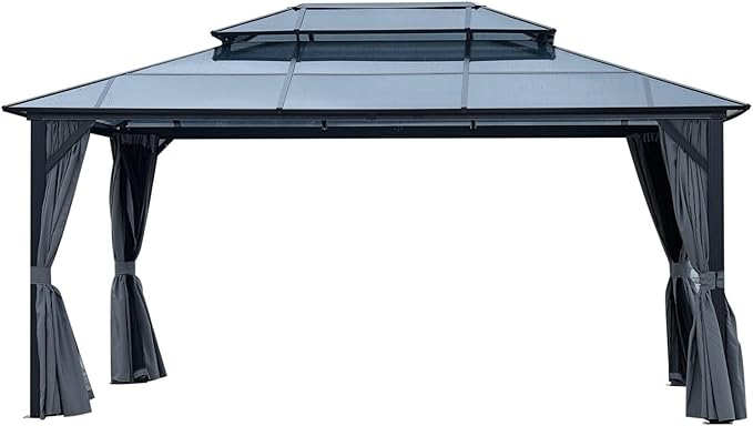 KEIKI 12 * 16FT Permanent Hardtop Gazebo with Netting and Curtains, Double Roof Waterproof Pergola Sunshade Pavilion for Outdoor Patio Lawn Backyard and Garden, Aluminum Frame Polycarbonate Canopy
