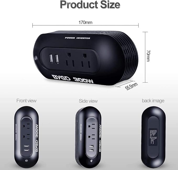 300W Power Inverter 12V DC to 110V AC Car Adapter with 4.8A Dual USB Ports and AC Outlets, Portable Compact Power Converter for Laptop, Phone, Tablet, RV, Camping(Black)