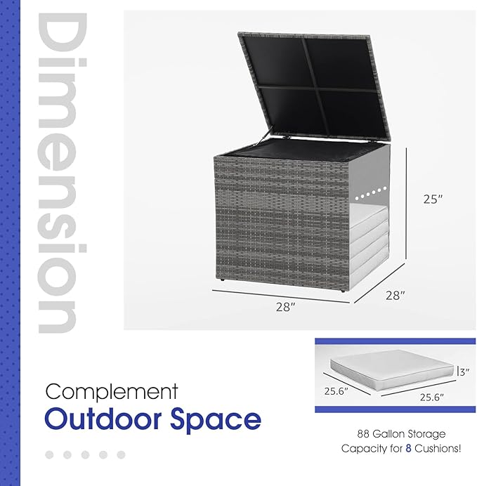 Patiorama 88 Gallon Wicker Deck Box, Indoor/Outdoor Storage Box for Patio Cushions and Gardening Tools - Resin Rattan Patio Cushion Storage Bin, Grey