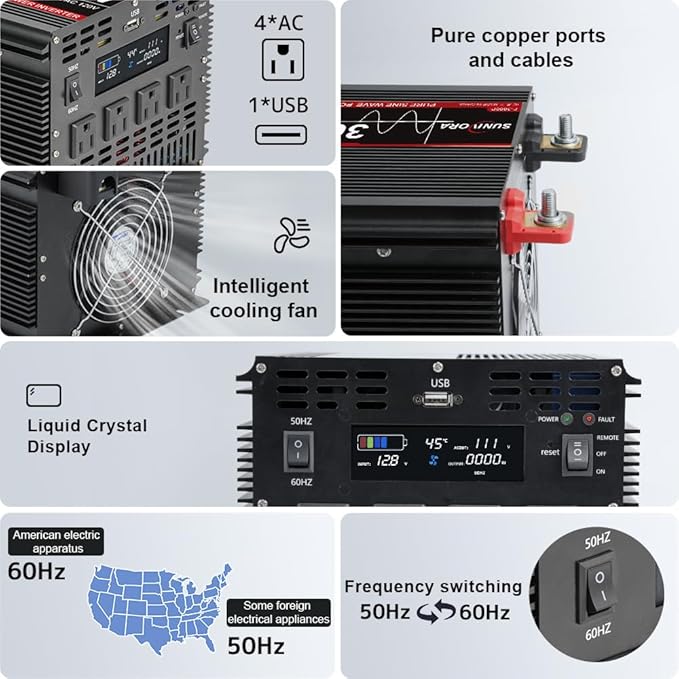 3000 Watt Pure Sine Wave Power Inverter with LCD 12V DC to 110V/120V AC Peak Power 6000W Car Power Inverter with 4 AC Outlets & 1 USB Port & Remote Control for Truck RV Car Solar System