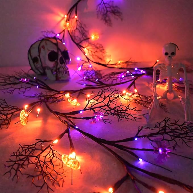 Halloween Garland with Lights 8.86FT 72LED Willow Vine Twig with Timer Black Garland Lights with Orange Pumpkins Purple Bats and Black Leaves Dead Branches Halloween Decorations Indoor Outdoor