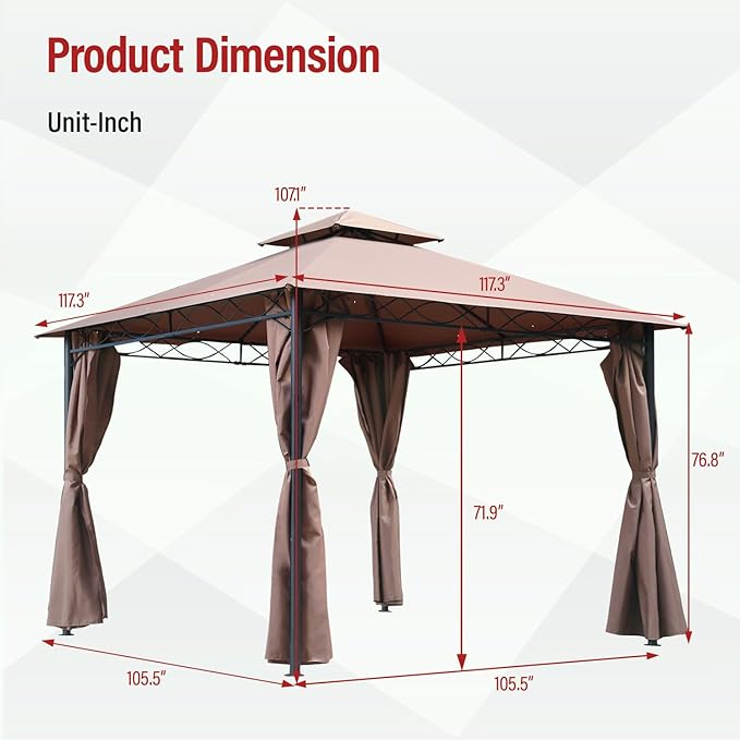 10'x10' Outdoor Patio Canopy Rain-Proof Pop Up Gazebo UV-Resistant Canopy Tent with Double Roof Tops Curtain for Backyard, Patio and Garden, Brown