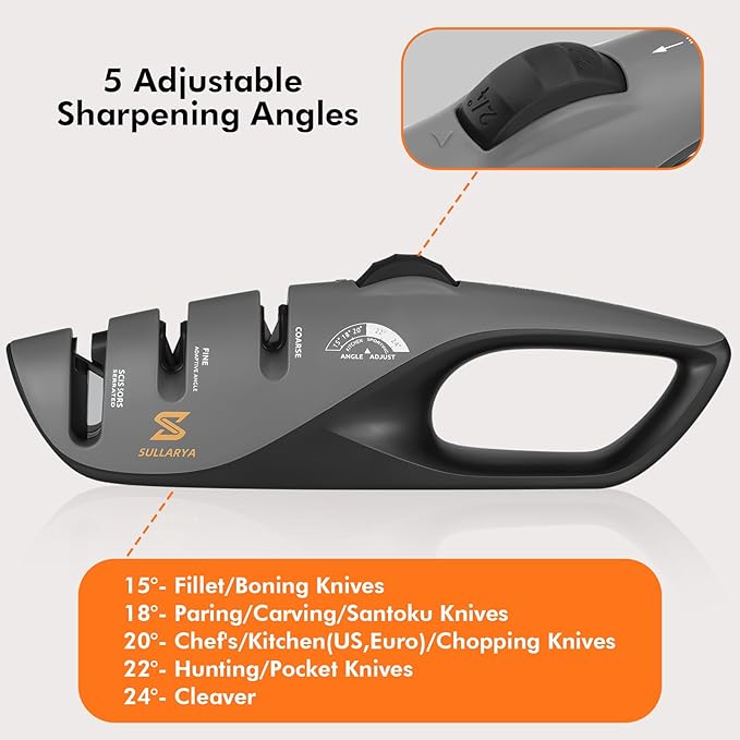 2-in-1 Knife Sharpener Kit with 5 Adjustable Angles Sharpener & Leather Strop – Complete Sharpening System for Kitchen, Pocket, Serrated Knives, Scissors (Sharpen + Polish to Pro Edge)