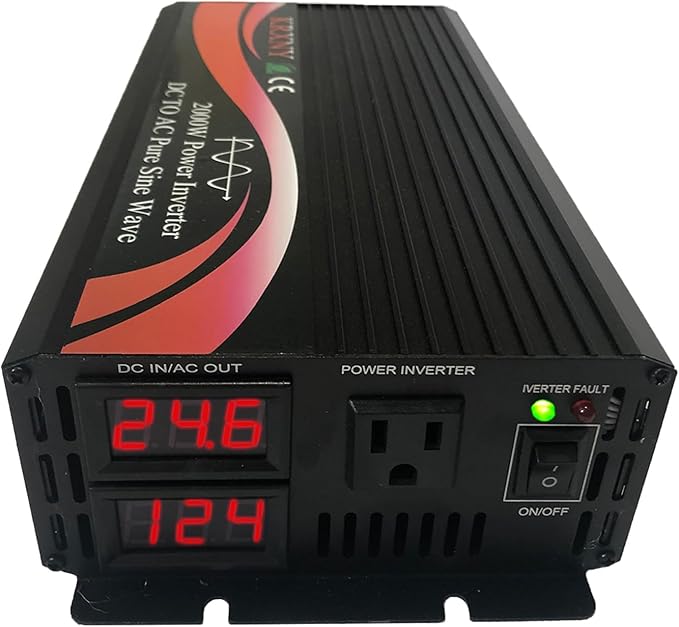 Power Inverter Converter 2000W 24V DC to 110V 120V AC 60HZ Pure Sine Wave with LED Display for Car RV Home Solar
