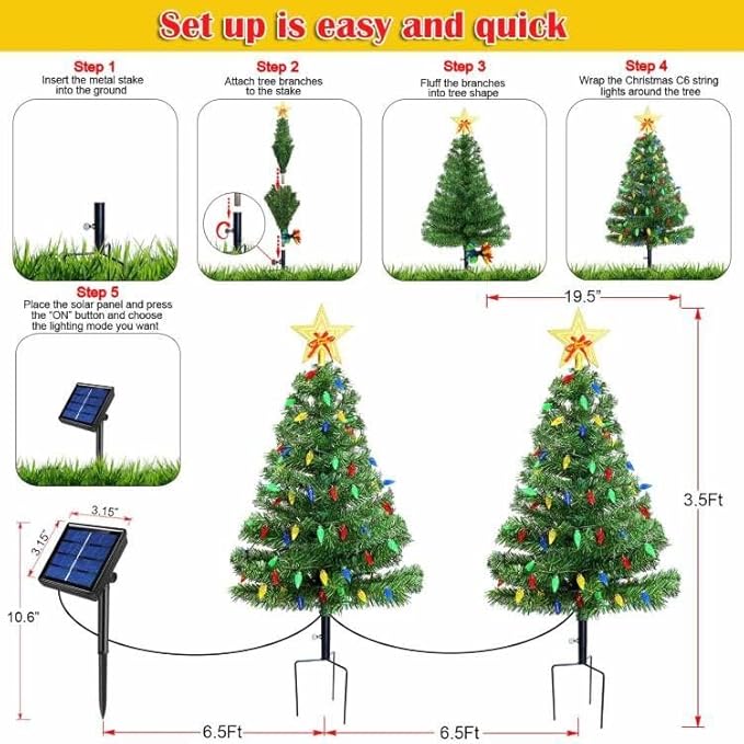 Upgraded Set of 2 Solar Christmas Tree, Outdoor Christmas Decorations,Prelit Xmas Tree w/ 100 LED Multi-color C6 String Lights for Outsdie Holiday Display Yard Front Porch Pathway Grave Cemetery Decor