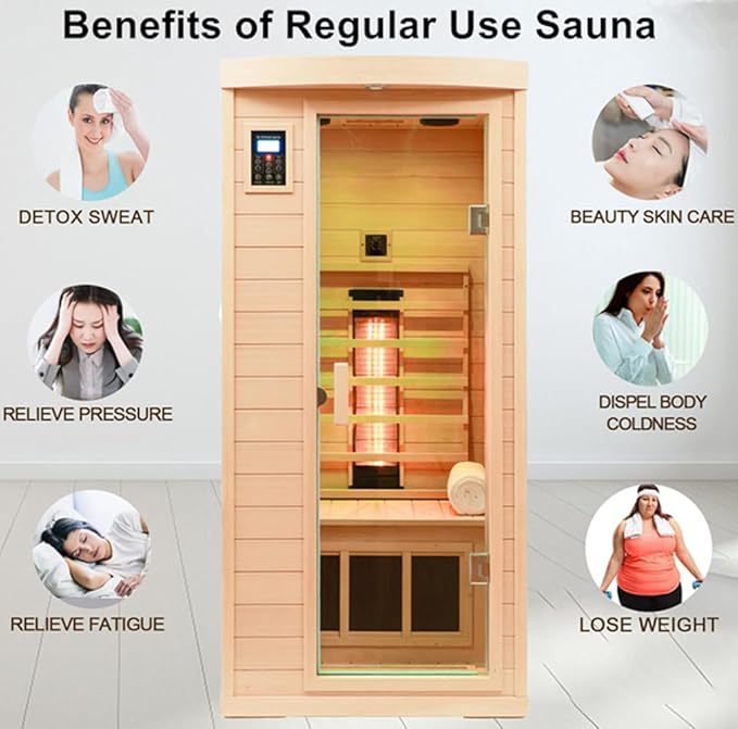 Ceramic Infrared Sauna with Backrest, 1 Person Low EMF Far Infrared Sauna for Home, 1300watt Canadian Hemlock Wood Indoor Saunas with 6 Heating Panels,Blue-Tooth Control, LCD Display