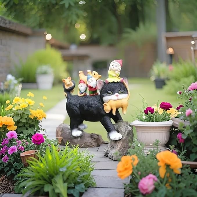 Cat Garden Gnome Statue - 9 "Lawn Decoration - Suitable for Patio, Balcony, Yard Decoration - Unique Housewarming Gift, Gift for Lover Mom Women Grandma,Halloween Cat Statue