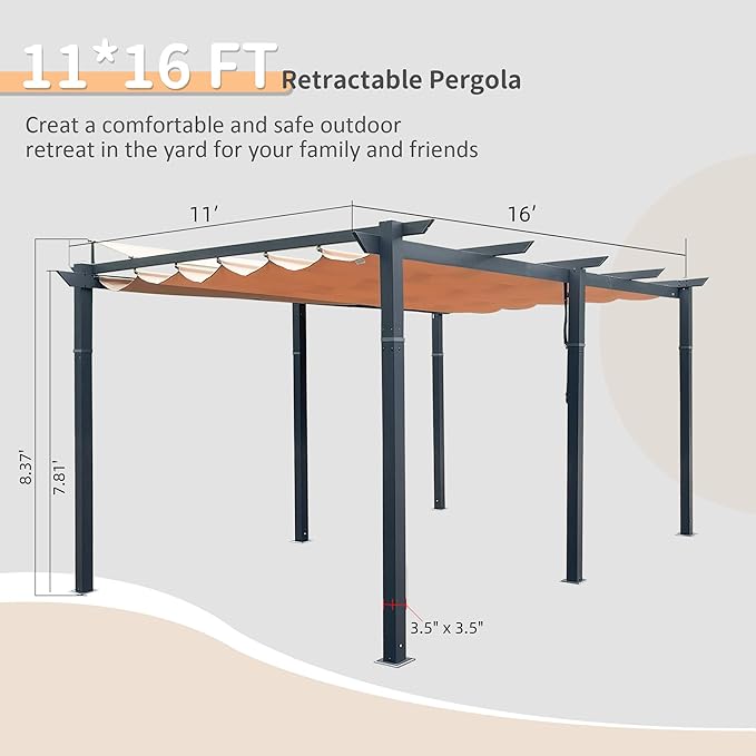 Domi Outdoor Living 11’ X 16’ Outdoor Retractable Pergola with Weather-Resistant Canopy Aluminum Garden Pergola Patio Grill Gazebo for Courtyard (Khaki)
