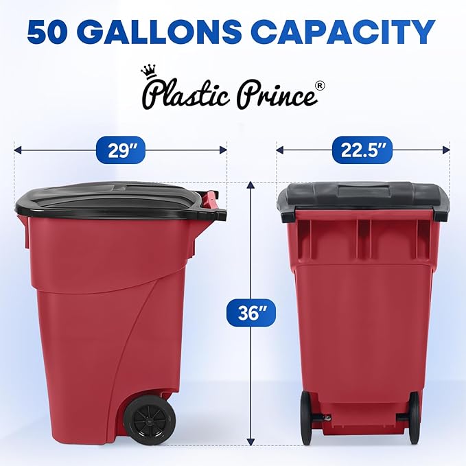 50 Gallon Trash Can, Red Outdoor Garbage Can, Wheeled Outside Trash Bin, Outdoor with Lid and Wheels, Large Rolling Trash Can, Garbage Can with Wheels for Home, Office, Garage
