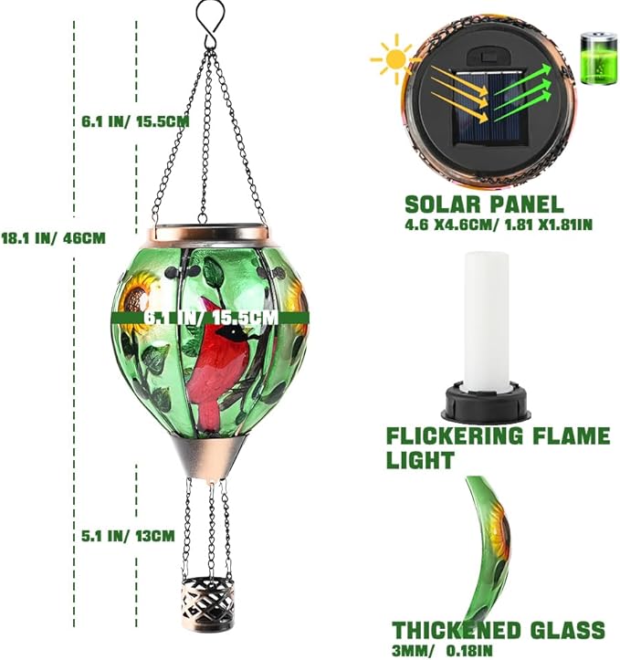 Hot Air Balloon Solar Lantern - Cardinal Bird Glass Lantern, Simulated Flickering & Dancing Flame, Outdoor Hanging Yard Light Waterproof IP65 for Patio Lawn Porch Decor Gift