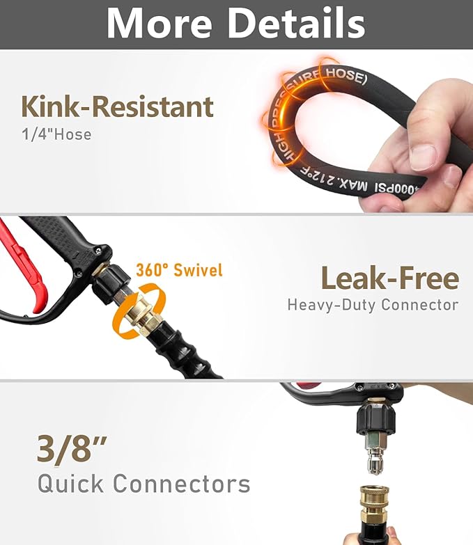 Pressure Washer Hose 150FT 4000 PSI, Kink Resistant Steel Braided Layer & NonMarking Rubber for Hot/Cold Water, High Power Washer Hose With 3/8 Inch Quick Connect & M22 Fitting, Black