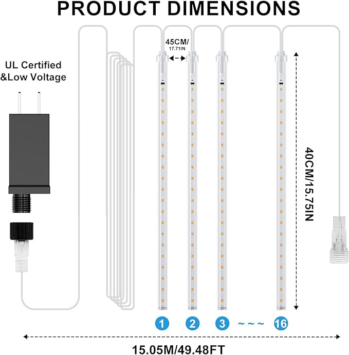 PEMOTech Christmas Lights Outdoor,16 Tubes(Equivalent to2 Sets of 8-Tubes) Meteor Shower Lights,Waterproof Christmas Decorations Icicle Light for Xmas Tree Halloween Party, Ul Plug,Cool White