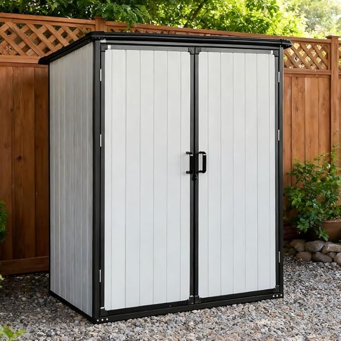 5x3 FT Resin Outdoor Storage Shed with Floor, Waterproof Resin Cabinet with Lockable Door, Outside Plastic Tool Garden Sheds for Backyard Lawn Patio Furniture, Bikes, Accessories, Black