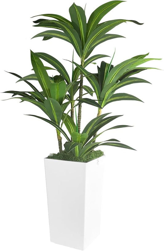 Artificial Dracaena Tree 5FT with White Tall Planter,Fake Green Plant with Natural Wood Trunk & Lifelike Leaves, Aritificial Yucca Plant for Home Office Decor,Housewarming