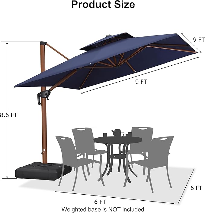 PURPLE LEAF 9ft Patio Umbrella Outdoor Square Umbrellas Large Cantilever Umbrella Windproof Offset Umbrellas Heavy Duty Sun Umbrella for Garden Deck Pool Patio, Navy Blue