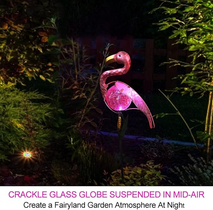 Bright Zeal 14" Big Metal Outdoor Solar Lights Waterproof Flamingo Garden LED Stake Light - Solar Pink Flamingos Yard Ornaments - Stake Lights Yard Decor Metal Yard Art