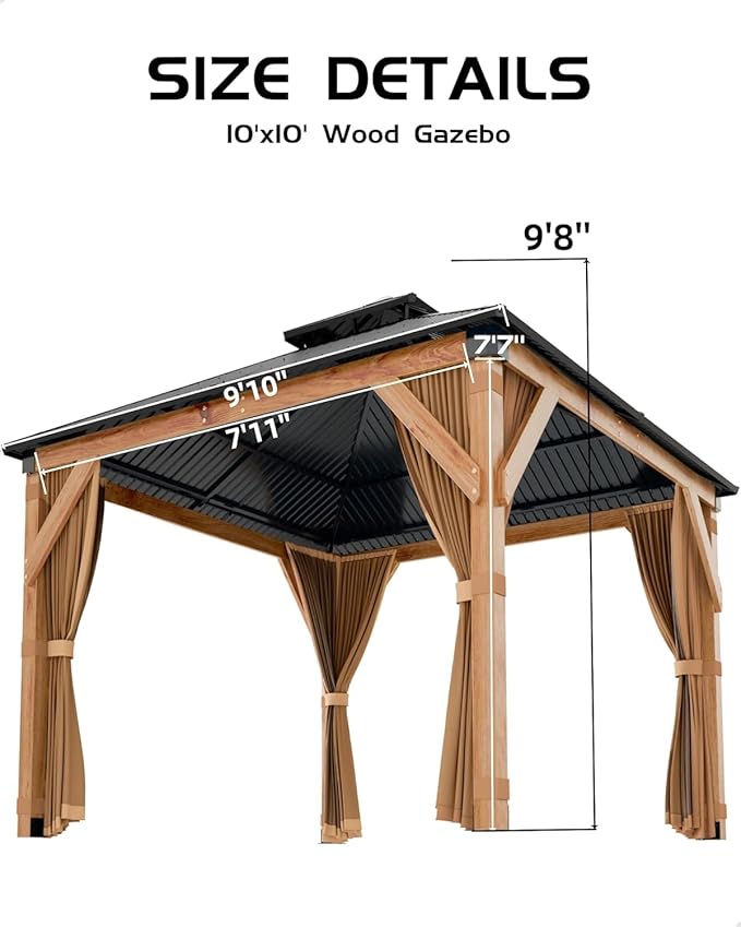 GAOMON Hardtop Spruce Wood Gazebo 10'x10', with Double Roof of Metal Sheets, 4.7'' Heavy Duty Poles, Net, and Curtain, Permanent Building for Patio, Deck, Backyard, Lawn, and Garden, Khaki