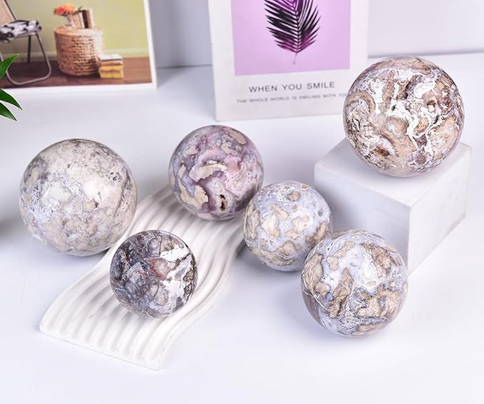 JIC Gem Large Blue Cherry Blossom Agate Crystal Ball with Stand Crystal Sphere Natural Sakura Flower Agate Stone Reiki Healing Meditation Witchcraft Home Decor 3.1-3.5 inch(80-90mm)