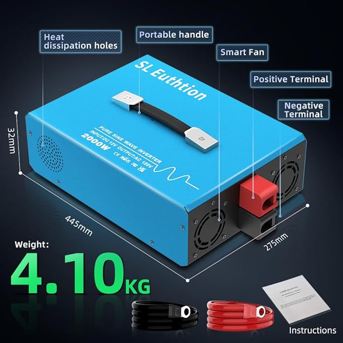 2000W Pure Sine Wave Power Inverter Voice Control AI Voice Assistant Support English 24V to 120V 60HZ with LCD Display, USB Port, for Car Home Laptop Truck