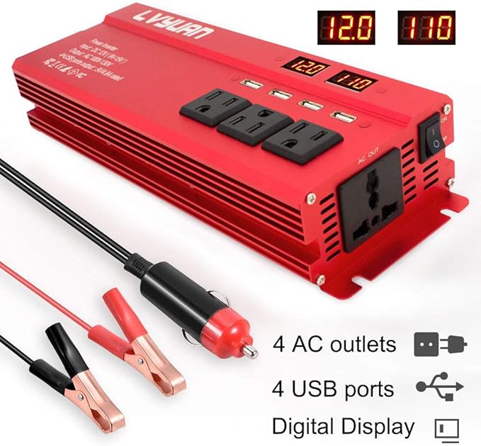 Yinleader Car Power Inverter 1000W/2000W(Peak) DC 12V to 110V AC Converter with Intelligent LED Display 4 AC Outlets 4 USB Charger for RV Caravan Truck Laptop(Red)