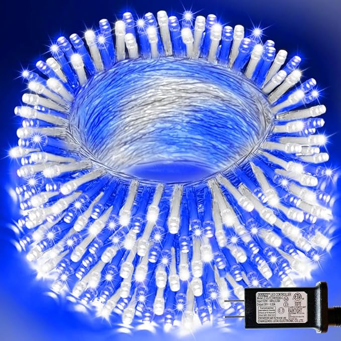 33ft Christmas Decorative Mini Lights, 100 LED Transparent Wire Fairy Starry String Lights Plug in, 16 Lighting Modes for Outdoor Xmas Tree Wedding Party Decoration (White+Blue)