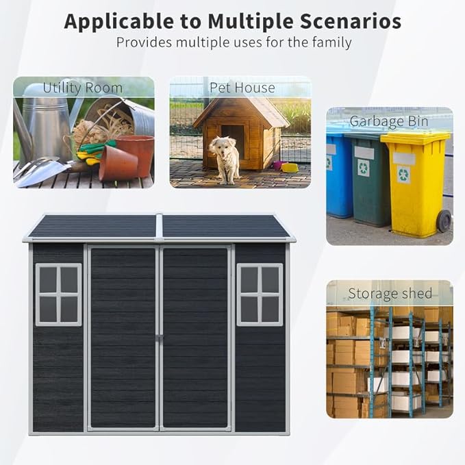 8x6 FT Resin Outdoor Storage Shed with Floor and 2 Windows, Outside Plastic Sheds Storage Clearance w/Lockable Door, Backyard Garden Tool House for Patio, Yard, Lawn, Bike, Black