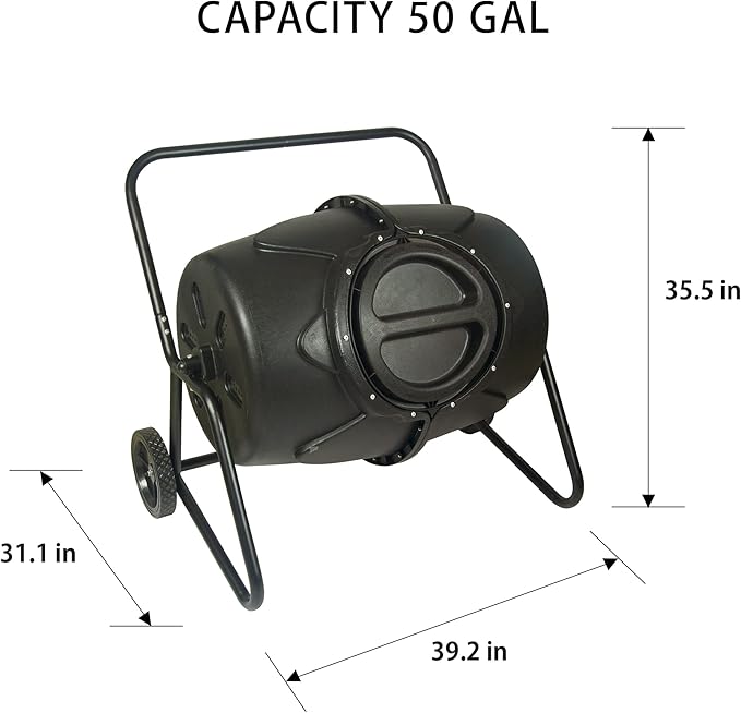 Koolscapes Wheeled Tumbling Composter – 50-Gallon Portable Eco-Friendly Rotating Bin BPA-Free Recycled Plastic with Sturdy Steel Frame & Twist-Lock Lid for Year-Round Composting