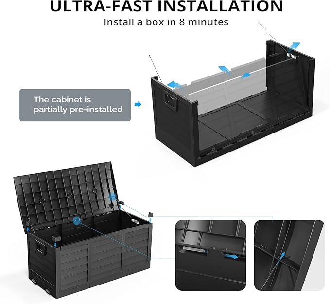 Outvita Foldable 75 Gallon Outdoor Storage Box, Plastic Storage Containers with Lid, Patio Deck Box Furniture for Garden, Pool, Balcony, Yard (Black)