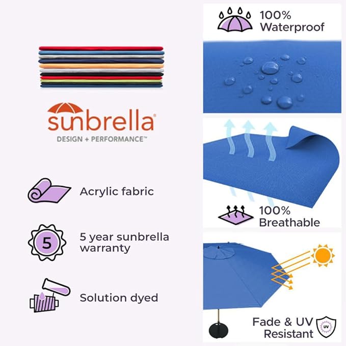 Midtown Umbrellas The Swilt 8 Feet Patio Umbrella in Sunbrella Dark Blue Acrylic Fabric - Fiberglass Ribs, Auto-Tilt Aluminum Frame For Backyard, Deck, Garden, Pool - White Pole