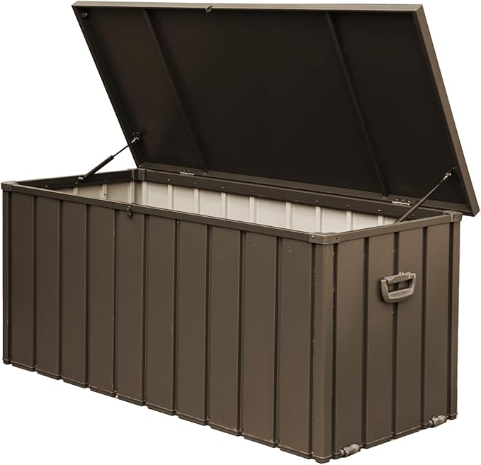 LANTRO JS 100 Gallon Metal Deck Box, Outdoor Storage Box Waterproof with Wheels, Lockable Storage Container for Patio Furniture Cushions Garden Tools, Dark Brown
