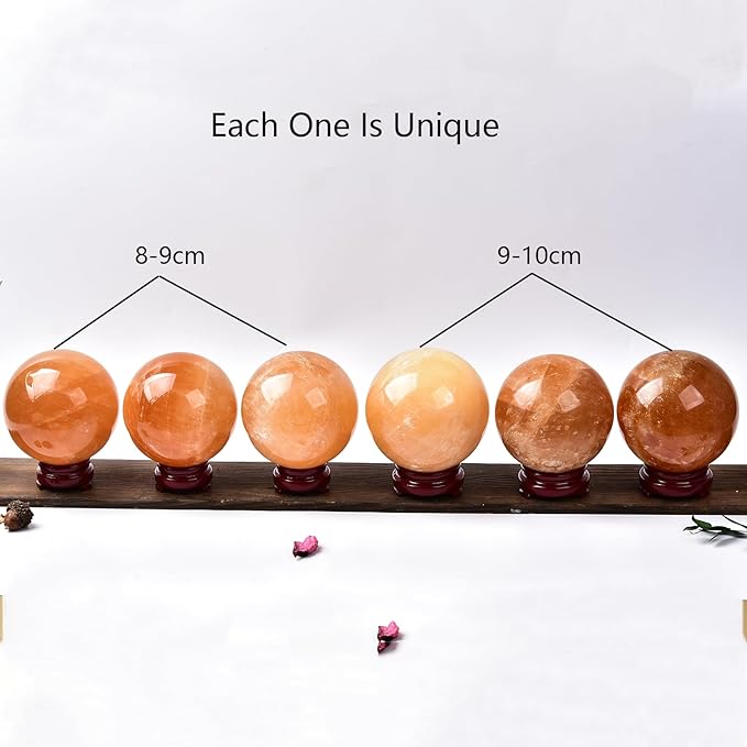 JIC Gem Healing Crystal Ball Stripe Orange Calcite Sphere Ball Decorative Ball with Wood Stand for Fengshui and Decoration (90-100mm)