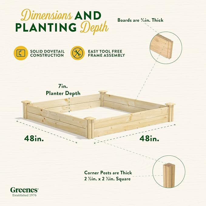 Greenes Fence Original Pine Raised Garden Bed, 4' x 4' x 7" (2-Pack) - Made in USA with American Pine