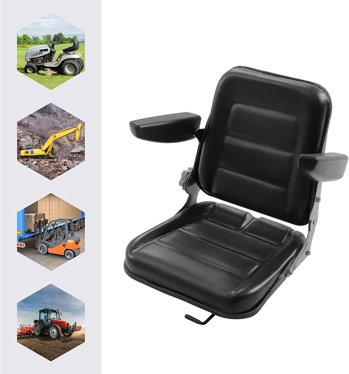 Universal Lawn Mower Seat, Replacement Forklift Seat Garden Tractor Seat with Armrest Tractor Suspension Seat Tractor Seat with Back Rest Universal PVC Tractor Seat with Adjustable Backrest Armrests