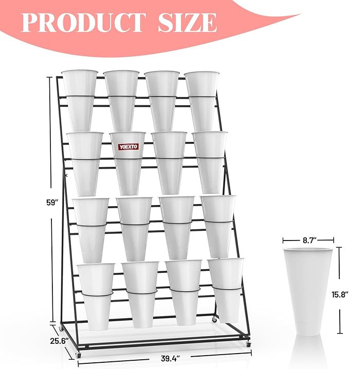 Flower Display Stand with Buckets, 4 Layers 16 PCS Plant Stand with Wheels, Movable Metal Plant Stand for Terrace Garden, Living Room, Florist Shop (Black Frame - White Buckets, 4-Tier)