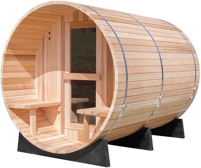 ZONEMEL Outdoor Barrel Steam Sauna with Panoramic View, Canadian Hemlock Wood Sauna for 3-4 Person with Porch, 6KW Heater, Rocks, 8mm Tempered Glass, Waterproof System, 220V