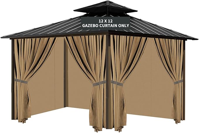 Gazebo Universal Replacement Privacy Curtain, 12'X12' Gazebo Curtains Outdoor Waterproof, 4-Panels Sidewall with Zipper for Patio, Garden and Backyard (Only Curtains, 12'X12', Beige)