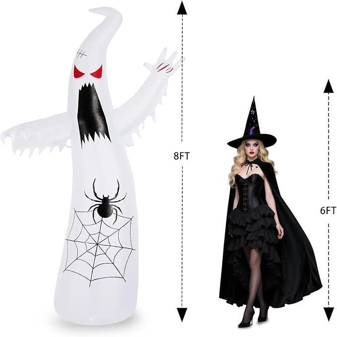 Halloween Inflatable Ghost Decoration, LED Color Changing Lights, Outdoor Yard Decor with Wings (8FT Thriller Spider Ghost)