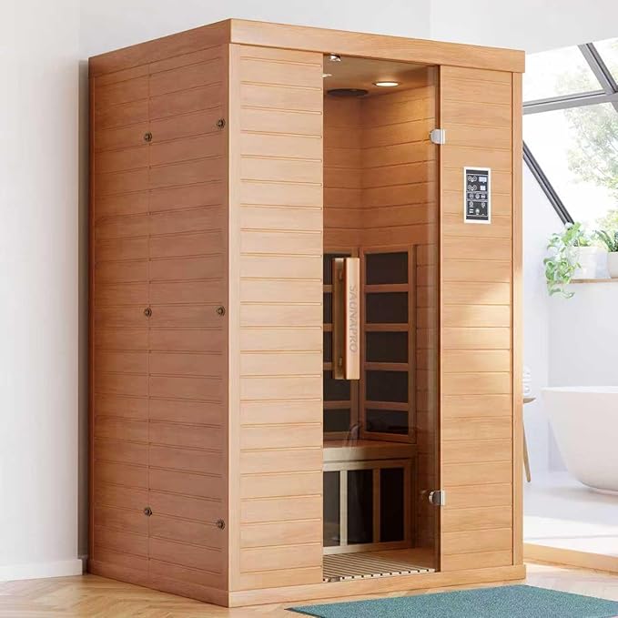 2- Person Infrared Sauna, Remotely Controllable Indoor Sauna, Low EMF 1500W/120V LCD Heater, WiFi & BT Control, 9-Color Light Therapy, Safe Flame-Retardant Material, Wood