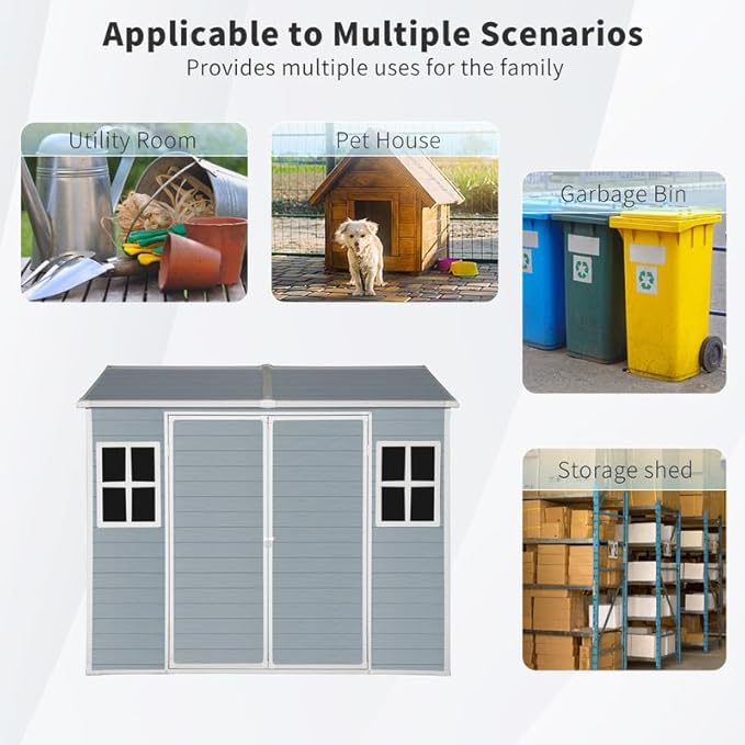 8x6 FT Resin Outdoor Storage Shed with Floor and 2 Windows, Outside Plastic Sheds Storage Clearance w/Lockable Door, Backyard Garden Tool House for Patio, Yard, Lawn, Bike, Gray